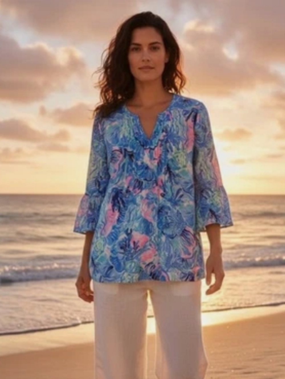 Lilly Pulitzer Hollie Linen Tunic Shade Seekers Saltwater Blue Shirt Top